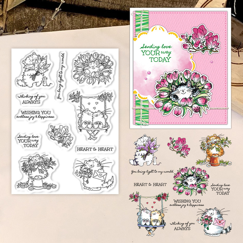 Clear Silicone Stamps For Card Making - Suncraft 귀여운 키티 고양이와 꽃 클리어